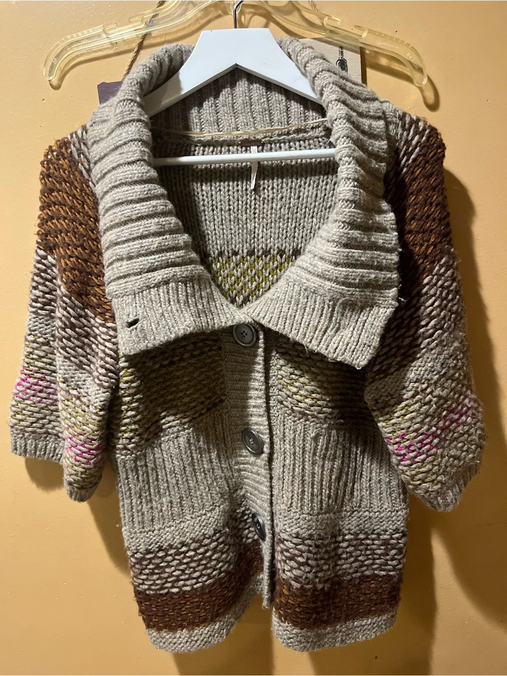 Free People Neutral Shawl-Collar Button Cardigan